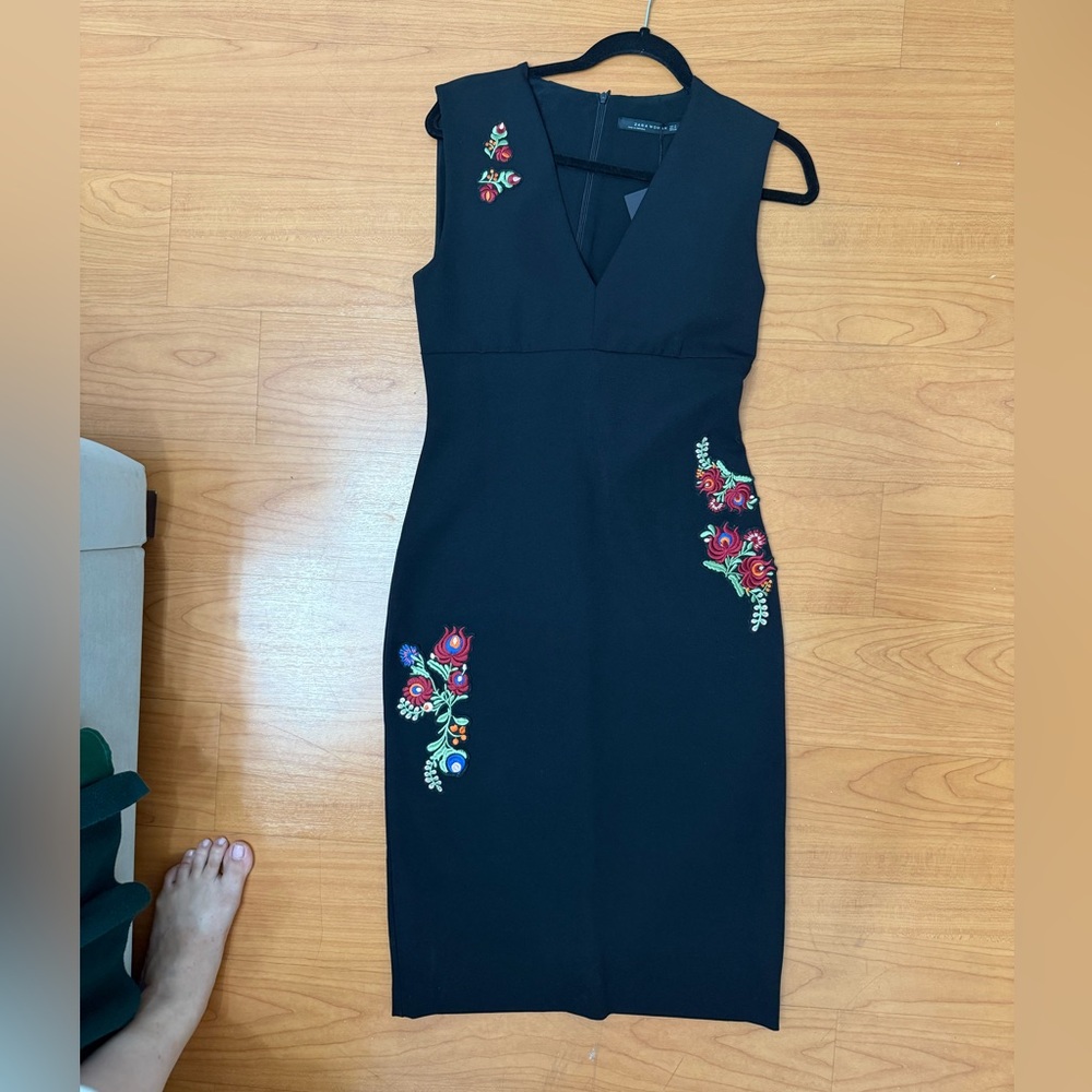 Zara Black Dress with Colorful Floral Embroidery